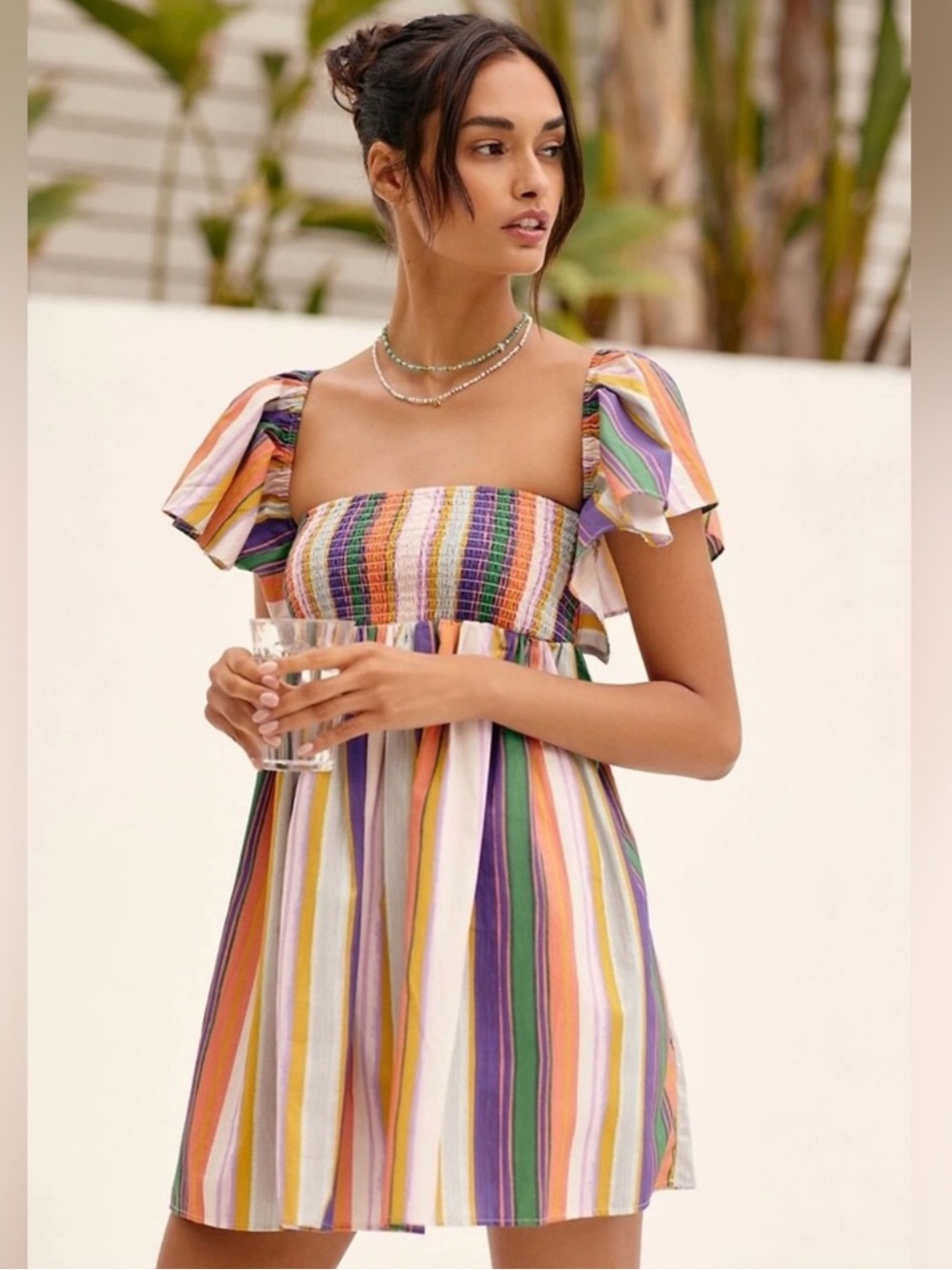 NWOT size Small Anthropologie Striped Ruffle Sleeve Open Back Mini Dress